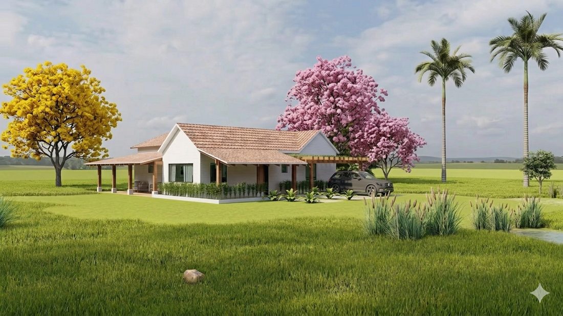 Casa entre guayacán y framboyán en flor